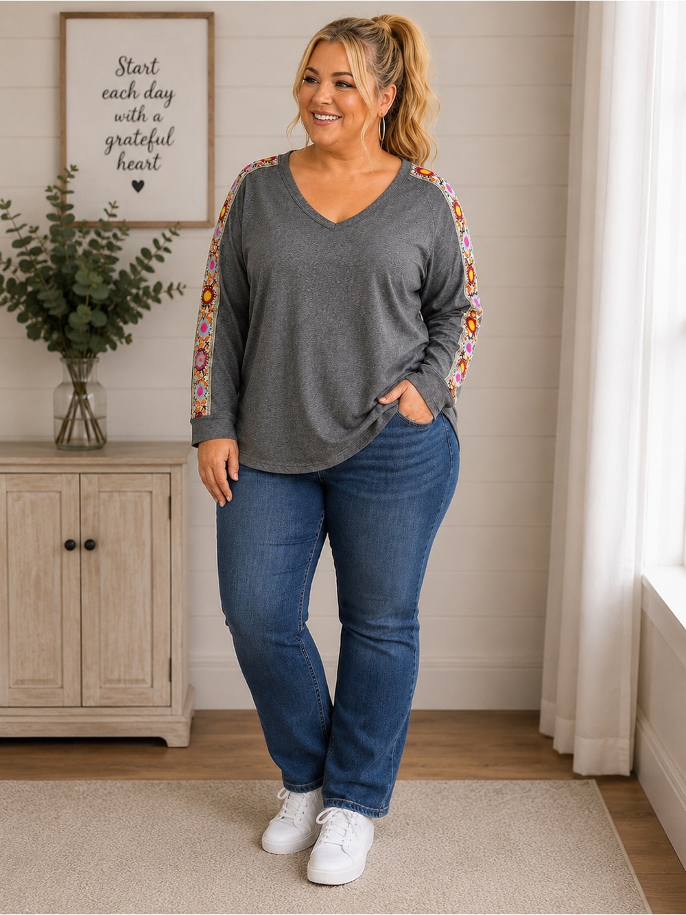 Style & Co Floral Embroidered Gray Top – XL